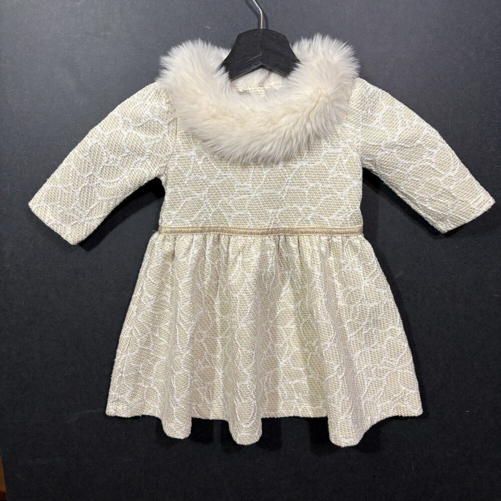 Janie And Jack Baby Girls Metallic Faux Fur Collar Dress White Gold 18-24 Mo